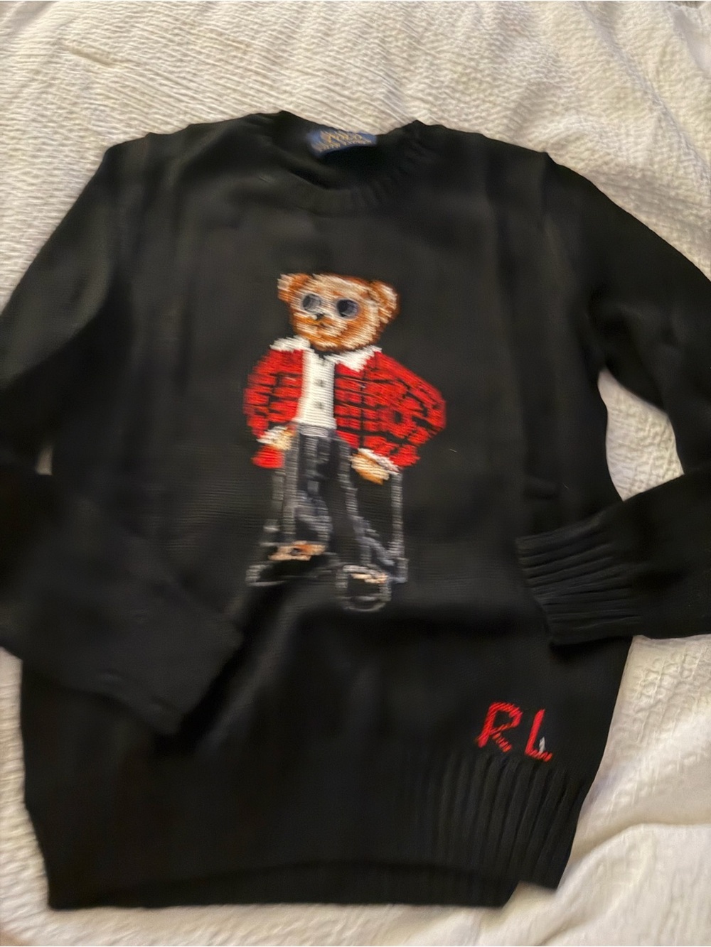 Polo by Ralph Lauren Black Crewneck Sweater with Red Bear Motif